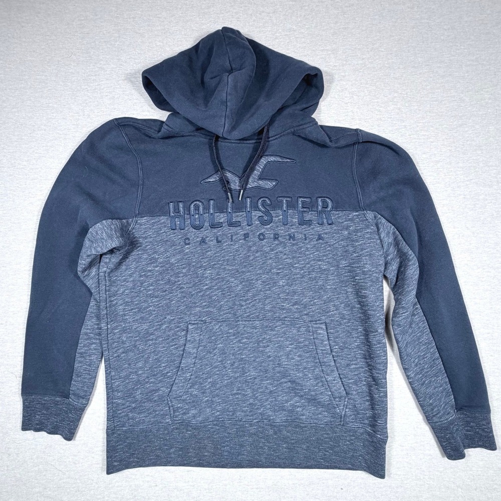 Hollister Men Hoodie Blue Colorblock Embossed Logo Fleece Sweatshirt L Pullover